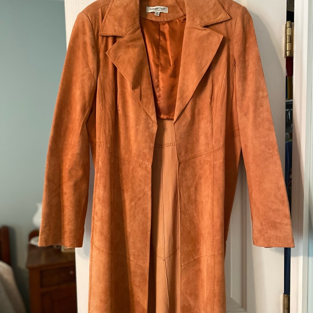 Coldwater Creek—Beautiful Coral/Peach color, suede light coat, like new.